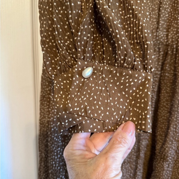 Vince Dot Shirred Semi Sheer Long Sleeve Elegant Brown Midi Dress, size 3X, NWTS - Picture 11 of 15